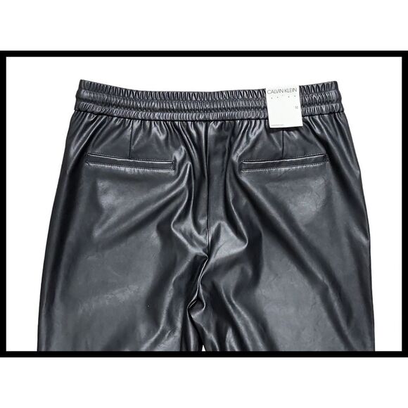 NWT Calvin Klein Vegan Faux Leather Pants Pull On Drawstring Waist Black Medium - Picture 6 of 12